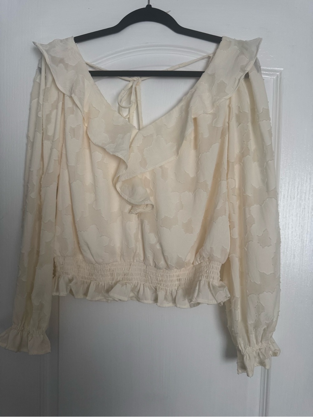Anthropologie Ivory Ruffle V-Neck Smocked Waist Blouse